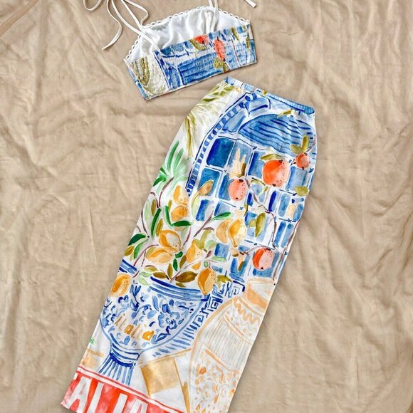 Multicolor Boho Women's Vacation Style Scenery Print Short Cami & Midi Skirt Set - Picture 2 of 6